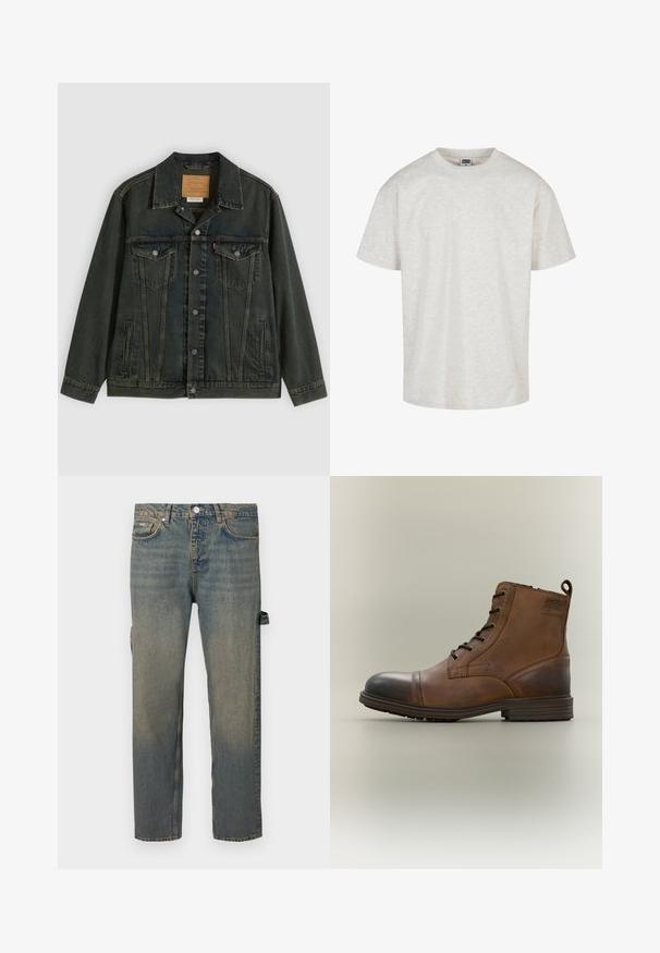 Σκούρο πράσινο denim μπουφάν με κλασική κοπή, δύο τσέπες στο στήθος, μεταλλικά κουμπιά και πλακέτα ετικέτα στο εσωτερικό γιακά.; Ανοιχτό γκρίζο βαμβακερό t-shirt με κοντά μανίκια, στρογγυλή λαιμόκοψη και χαλαρή εφαρμογή. Υφασμάτινη υφή με λεπτό μιγμένο μοτίβο.; Τζιν παντελόνι σε ανοιχτό μπλε χρώμα με ξεθωριασμένο εφέ, ίσια γραμμή, πέντε τσέπες και θηλιές για ζώνη. Διαθέτει λεπτομέρεια με λωρίδα στο πλάι.; Καφέ δερμάτινο μποτάκι με κορδόνια έως τον αστράγαλο, με μαύρη επένδυση μύτης, στρογγυλή σόλα και λογότυπο στο πλάι, σε απλό φόντο.