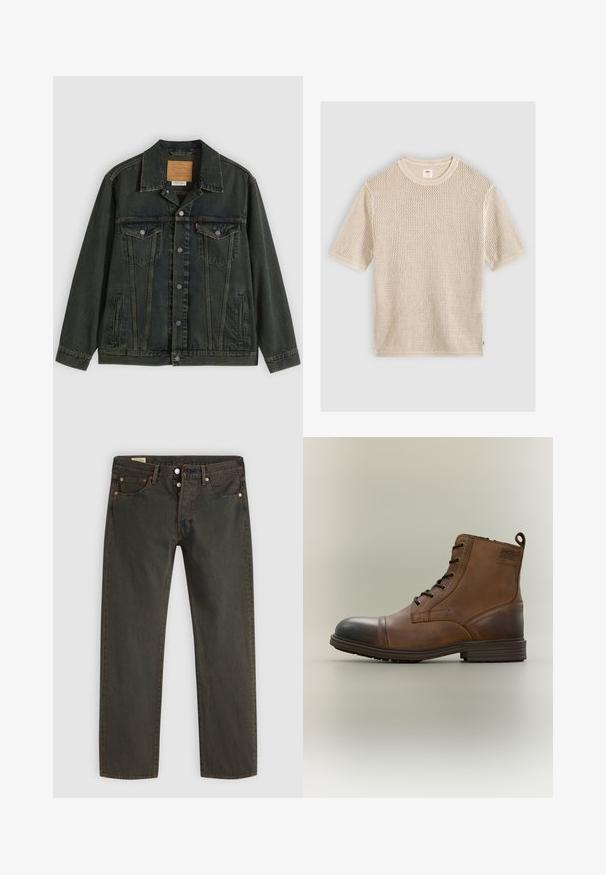 Σκούρο πράσινο denim μπουφάν με κλασική κοπή, δύο τσέπες στο στήθος, μεταλλικά κουμπιά και πλακέτα ετικέτα στο εσωτερικό γιακά.; Μπεζ πλεκτό πουλόβερ με κοντά μανίκια και στρογγυλή λαιμόκοψη, με υφή ανοιχτού πλεκτού σχεδίου, τοποθετημένο επίπεδα σε φωτεινό φόντο.; Σκούρα πράσινα τζιν από τζιν ύφασμα, με σχέδιο ίσιας γραμμής, πέντε τσέπες, υλικό σε χαλκό τόνο και διακριτό σχέδιο πλύσης.; Καφέ δερμάτινο μποτάκι με κορδόνια έως τον αστράγαλο, με μαύρη επένδυση μύτης, στρογγυλή σόλα και λογότυπο στο πλάι, σε απλό φόντο.