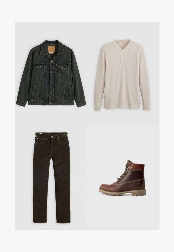 Dunkelgrüne Jeansjacke mit klassischem Schnitt, zwei Brusttaschen, Metallknöpfen und einem Aufnäher am inneren Kragen.; Langärmliges Henley-Shirt aus leicht beigem Rippstoff mit V-Ausschnitt, Knopfleiste mit drei Knöpfen und angeschnittenen Ärmeln. Roter Logo-Tag am Saum.; Braune Cordhosen mit geradem Bein, fünf Taschen, sichtbaren Nähten und einer strukturierten Stoffoberfläche. Metallknopfverschluss hinten.; Braune Leder-Schnürstiefelette mit gepolsterter Knöchelpartie, kontrastierenden Nähten und robustem Sohlendesign, von der Außenseite auf einem weißen Hintergrund gezeigt.