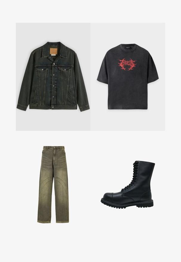 Chaqueta vaquera de color verde oscuro con corte clásico, dos bolsillos en el pecho, botones de metal y una etiqueta de parche en el cuello interior.; Camiseta negra oversize de manga corta con diseño de texto punzante en rojo centrado en el pecho que dice "FAVELA".; Jeans de pierna ancha en denim verde oliva, con acentos de costura curvada, cierre clásico de botón y un acabado desgastado.; Botín de cuero negro con cordones, punta redonda, caña alta, suela de goma gruesa y superficie texturizada. Presenta costuras reforzadas a lo largo de las uniones.