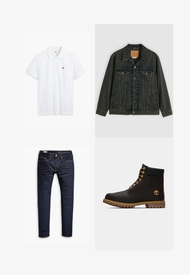 Dunkelgrüne Jeansjacke mit klassischem Schnitt, zwei Brusttaschen, Metallknöpfen und einem Aufnäher am inneren Kragen.; Weißes Poloshirt aus Baumwolle. Verfügt über eine Knopfleiste mit drei Knöpfen, kurze Ärmel und ein kleines rotes Levi's-Logo auf der linken Brust.; Dunkelblaue Denim-Jeans mit schmaler Passform, orangefarbenen Nähten, Fünf-Taschen-Design und Metallbeschlägen. Glatte Textur, keine Muster.; Schwarze Leder-Ankle-Boots mit goldenen Ösen, braunen Akzenten und einer Gummisohle. Verfügt über einen gepolsterten Schaft und ein geprägtes Logo an der Seite.
