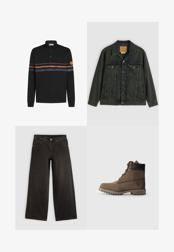 Dunkelgrüne Jeansjacke mit klassischem Schnitt, zwei Brusttaschen, Metallknöpfen und einem Aufnäher am inneren Kragen.; Schwarzes Langarm-Polohemd mit einem strukturierten horizontalen Streifenmuster in Orange und Blau, mit einem Logo-Patch auf dem linken Ärmel.; Schwarze Jeans mit weitem Bein aus Denim, mit Fronttaschen, Knopfverschluss und Gürtelschlaufen, flach auf hellem Hintergrund dargestellt.; Braune Leder-Stiefelette mit schwarzem Kragen, Metallösen und robustem grauen Sohlen. Verfügt über ein Logo an der Seite und genähten Details.
