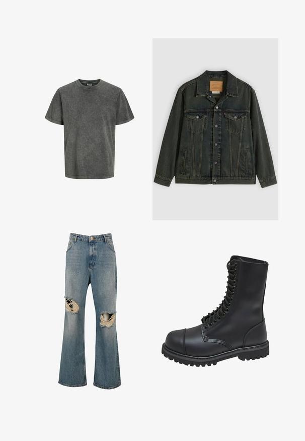 Σκούρο πράσινο denim μπουφάν με κλασική κοπή, δύο τσέπες στο στήθος, μεταλλικά κουμπιά και πλακέτα ετικέτα στο εσωτερικό γιακά.; Κοντομάνικο μπλουζάκι σε ξεθωριασμένο σκούρο γκρι χρώμα, κατασκευασμένο από μαλακό ύφασμα με στρογγυλή λαιμόκοψη και άνετη εφαρμογή. Λεία υφή, χωρίς σχέδια.; Μπλε τζιν τζιν με φαρδιά μπατζάκια και μεγάλες σχισμένες τρύπες και στα δύο γόνατα που δείχνουν ξεφτισμένα άκρα και λευκές κλωστές.; Μαύρο δερμάτινο στρατιωτικό μποτάκι με ψηλό άξονα, κορδόνια μπροστά, μαλακή επένδυση στον αυχένα και λευκή αντιολισθητική σόλα για καλύτερη πρόσφυση. Διαθέτει ενισχυμένο καπάκι στα δάχτυλα.