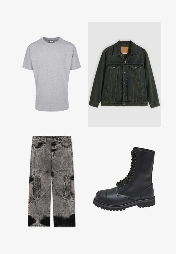 Mørkegrøn denimjakke med klassisk snit, to brystlommer, metalknapper og et mærkepatch på den indvendige krave.; Grå bomulds t-shirt med rund halsudskæring og korte ærmer. Simpelt design, ingen mønstre eller accenter. Klassisk afslappet pasform.; FAVELA BIG POCKET - Loose-jeans - black acid washed; Sort læder kampstøvle med høj skaft, snørebånd foran, polstret krave og en robust tekstureret sål for godt greb. Har forstærket tåhætte.