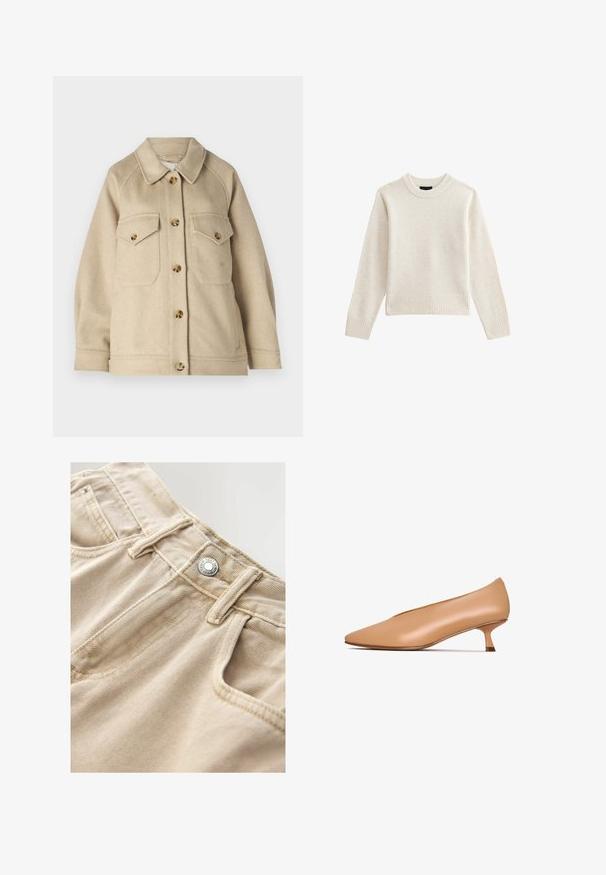 Beige uldblandingsjakke med krave, frontlukning med knapper og to brystlommer, prydet med guldfarvede knapper og tekstureret stof.; Lys beige strikket sweater med ribbet crew hals og kant, som har lange ærmer og en afslappet silhuet. Blød tekstur og minimalistisk design.; Beige denimshorts med en metalknap foran, synlige syninger og en lomme detaljer. Materialet har en glat, let tekstureret finish.; Nude læderpumpe med spids tå, lav kittenhæl og glat tekstur. Minimalistisk design uden synlige mønstre eller hardwaredetaljer.