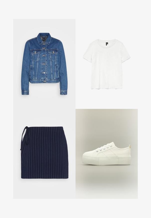 Veste en denim bleu moyen avec une coupe courte, poches avant à rabat, boutons en métal et couture contrastante. Col classique et manches longues.; T-shirt blanc à manches courtes avec un col rond, fabriqué en tissu léger. Design simple, texture lisse et ourlet droit.; Even&Odd by Zalando Minijupe - dark blue; Baskets à plateforme blanches avec semelle épaisse texturée, lacets à l'avant et détails discrets de couture sur un fond neutre.