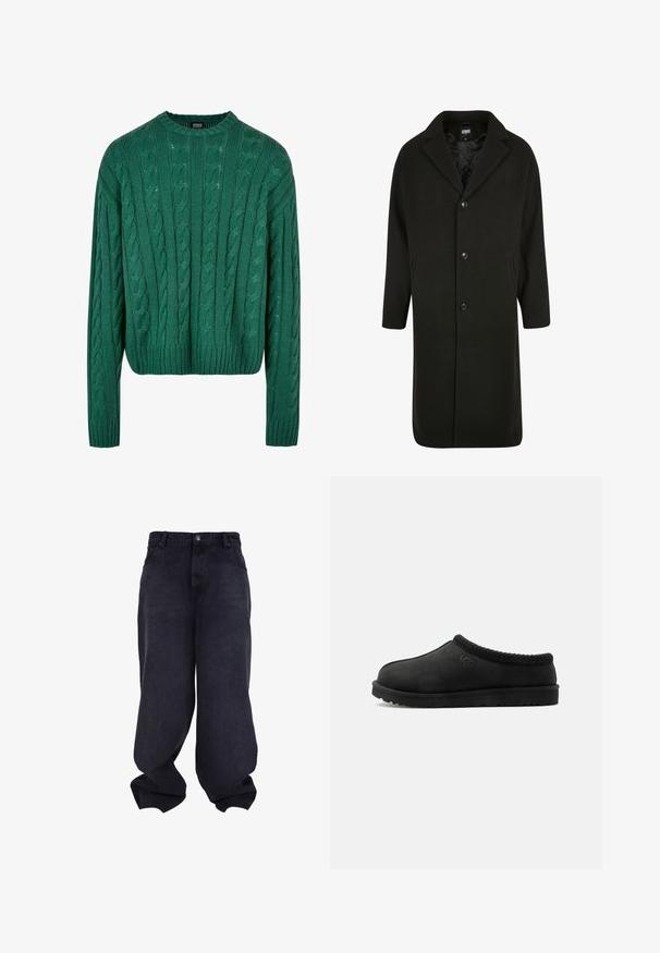 Abrigo de lana negro con cuello solapa, bolsillo en el pecho y dos bolsillos laterales. Cuenta con cierre de botones y un forro interior suave.; Suéter verde de punto trenzado con cuello redondo y mangas largas. Presenta un diseño corto y un patrón texturizado en toda la prenda.; Vaqueros negros oversize y holgados con cierre delantero de botón y cremallera, bolsillos frontales y perneras anchas y sueltas.; Zapatilla negra tipo slip-on de UGG con suela suave y ribete tejido alrededor del cuello, vista lateral sobre fondo blanco.
