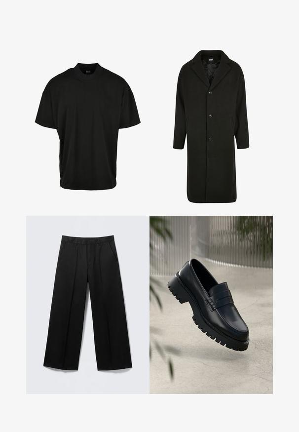 Sort uldfrakke med en hakket krave, brystlomme og to sidelommer. Har knaplukning og en glat inderforing.; Sort kortærmet T-shirt med rund halsudskæring, lavet af blødt stof, med en afslappet pasform og uden synlige mønstre eller accenter.; Sorte vidde-bukser med bæltestropper, forlommer og lynlås foran, vist på en lysegrå baggrund.; Sorte læder loafers med en chunky sål, der har en dekorativ rem og syninger. Glat tekstur med en poleret overflade.