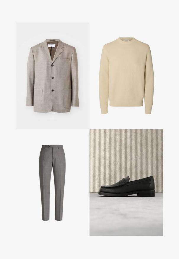 Blazer marron clair en tissu texturé, avec des revers découpés, des boutons à l'avant et deux poches avant. L'étiquette indique "Filippa K."; Pull tricoté beige uni à col rond, manches longues avec poignets et bas côtelés.; Pantalons gris ajustés avec une finition texturée, coupe slim, pli avant et fermeture à un bouton à la taille.; Mocassin homme en cuir noir avec bout arrondi et petit talon, présenté sur un fond à lignes verticales texturées sur un sol lisse.