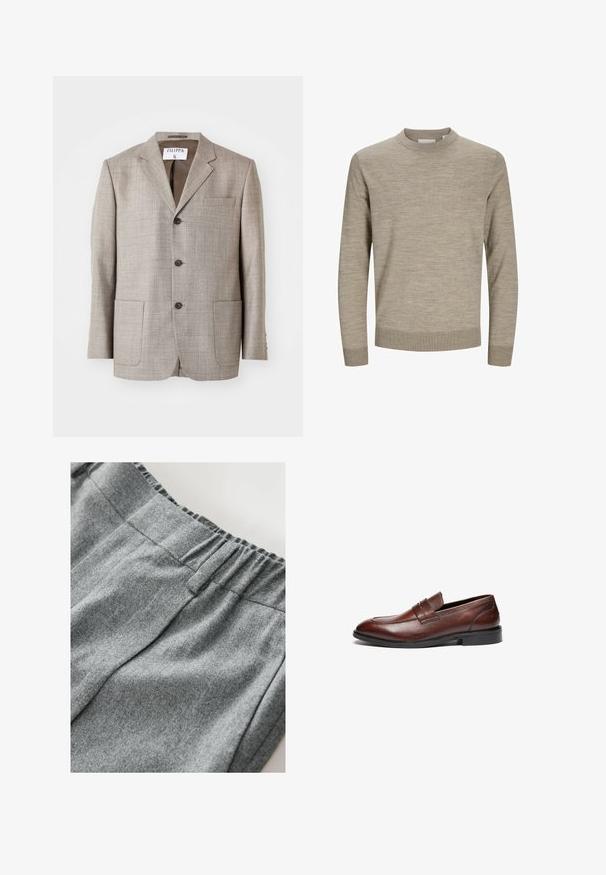 Lys brun blazer med en tekstureret stof, flapskuldre, frontknapper og to forlommer. Mærket lyder "Filippa K."; Beige langærmet rundhalset sweater med ribstrikkede ærmekanter og kant, vist på hvid baggrund.; Grå sweatshirt-stof med en blød tekstur, der har en elastisk talje og subtile syninger. Nærbillede af materialet.; Brune læder loafers med en glat finish, rund tå, dekorativ rem og sort gummisål. Har minimal syning detaljer.