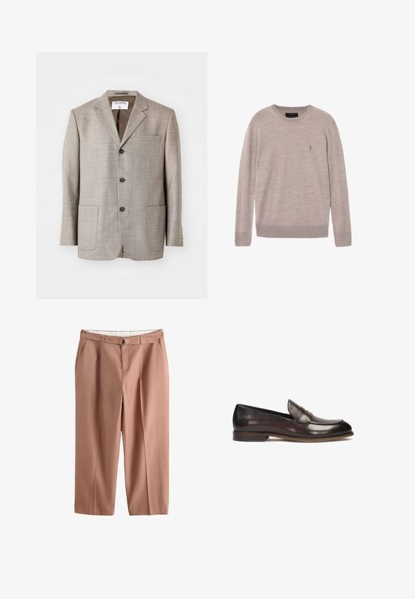 Lichtbruine blazer met een gestructureerde stof, met gekartelde revers, voorknopjes en twee voorkruiszakken. Label zegt "Filippa K."; Lichtbeige trui met lange mouwen en ronde hals, met geribde manchetten en zoom, voorzien van een klein geborduurd logo op de linkerbovenkant.; Lichtbruine broek met hoge taille, riemlussen, bijpassende stoffen riem met metalen gesp, voorzakken en rechte pijpen.; Donkerbruine leren loafers met een ronde neus, verhoogde stiksels en een lichte hak. Gladde textuur en klassiek ontwerp.