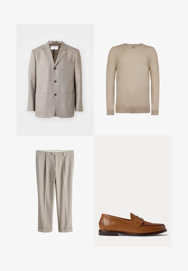 Lys brun blazer med en tekstureret stof, flapskuldre, frontknapper og to forlommer. Mærket lyder "Filippa K."; Beige langærmet crewneck-trøje med ribstrikkede manchetter og kant, sømløst design og blødt strikket stof.; Lysebeige skræddersyede bukser med knaplukning, bæltestropper, sidelommer og omslag ved buksebenene.; Brun læder penny loafer sko med lav hæl og syninger langs fronten og siderne, vist fra siden på en hvid baggrund.