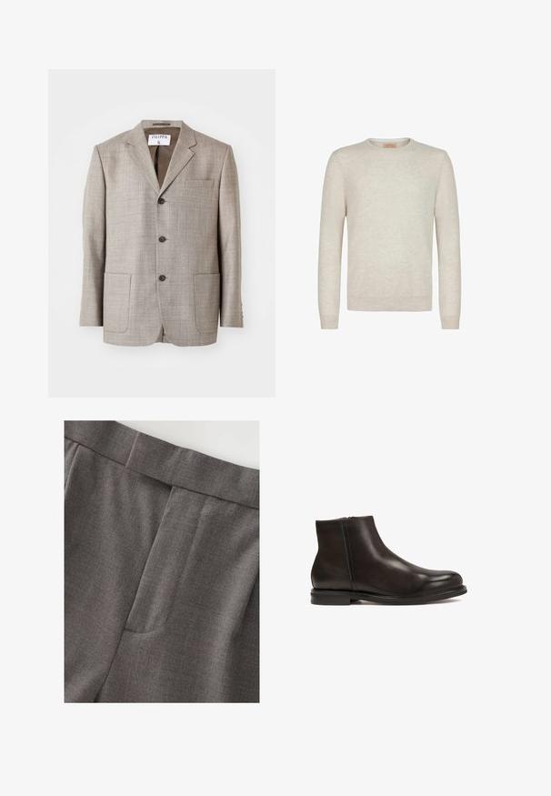 Lys brun blazer med en tekstureret stof, flapskuldre, frontknapper og to forlommer. Mærket lyder "Filippa K."; Beige crew-neck sweater lavet af blødt strikstof. Har lange ærmer samt ribbede manchetter og kant. Minimalistisk design med en glat tekstur.; Grå skræddersyede bukser med en glat tekstur, lige pasform og en diskret detalje med en frontlomme. Taljen er pænt afsluttet.; Sort læder ankelstøvle med en glat tekstur, rund tå og lav hæl. Har en side lynlås for nem påtagning.