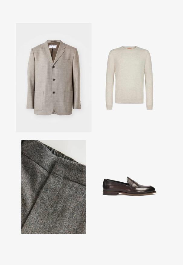 Lys brun blazer med en tekstureret stof, flapskuldre, frontknapper og to forlommer. Mærket lyder "Filippa K."; Beige crew-neck sweater lavet af blødt strikstof. Har lange ærmer samt ribbede manchetter og kant. Minimalistisk design med en glat tekstur.; Grå uldblandingsbukser med en glat tekstur, der har en bred talje og en ren, klassisk pasform. Subtile farveprikker er til stede.; Mørkebrune læder loafers med en afrundet tå, hævet syning og en let hæl. Glat tekstur og klassisk design.