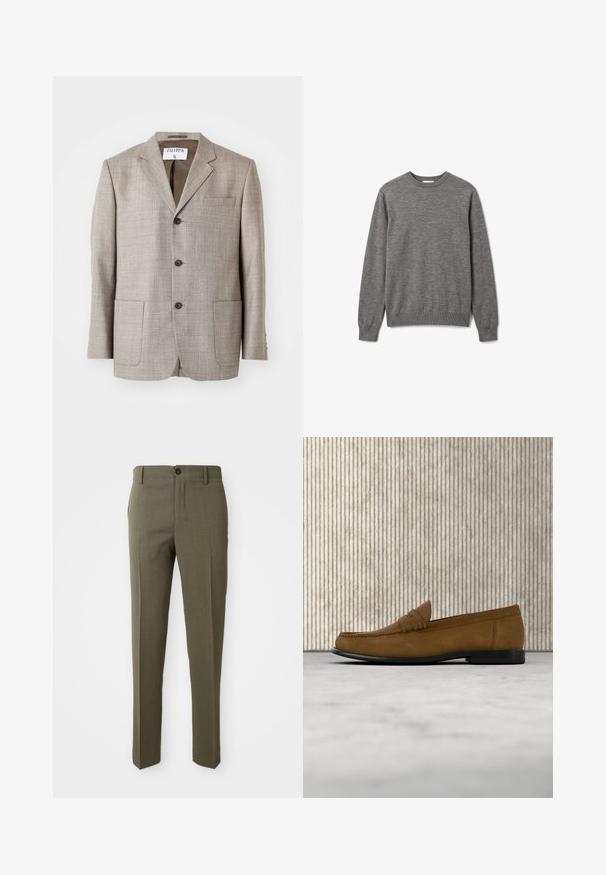 Lys brun blazer med en tekstureret stof, flapskuldre, frontknapper og to forlommer. Mærket lyder "Filippa K."; Herre langærmet grå sweater med rund hals og ribstrikkede manchetter og kant, med et lille diskret logo på venstre bryst.; Olivengrønne skræddersyede bukser med en glat overflade, lige bendesign, enkelt foretrukket knap og sidelommer for funktionalitet.; Brun mokkalær loafer med sort sål, der svæver over en lys beige tæppe, ved siden af en rund, blank brun bordfod.