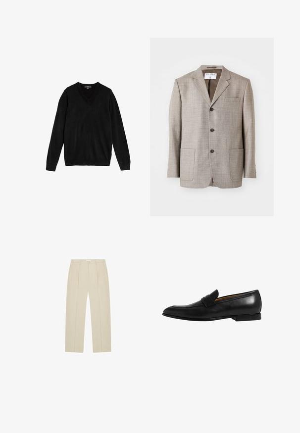 Blazer de color marrón claro con una tela texturizada, solapas muesca, botones frontales y dos bolsillos frontales. La etiqueta dice "Filippa K."; Suéter negro con cuello en V hecho de tejido suave y de punto. Mangas largas, puños y bajo acanalados, diseño sencillo sin patrones ni detalles.; Pantalones beige de pernera recta con pliegues delanteros, bolsillos laterales, trabillas para cinturón y cierre con botón en la cintura.; Mocasín de cuero negro con un diseño elegante, puntera ligeramente puntiaguda y una banda decorativa en el empeine. Textura suave y suela resistente.