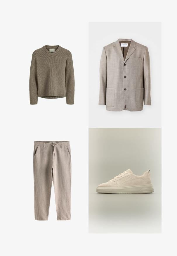 Blazer de color marrón claro con una tela texturizada, solapas muesca, botones frontales y dos bolsillos frontales. La etiqueta dice "Filippa K."; Suéter de punto acanalado beige con escote en V y mangas largas. Textura suave, ajuste relajado y dobladillo recto sin aberturas laterales.; Pantalones beige de corte recto con bolsillos delanteros, cierre de botón, trabillas para cinturón y detalle de cordón en la cintura.; Zapatilla baja de ante beige con cordones en la parte delantera y suela gruesa de goma sobre fondo neutro.