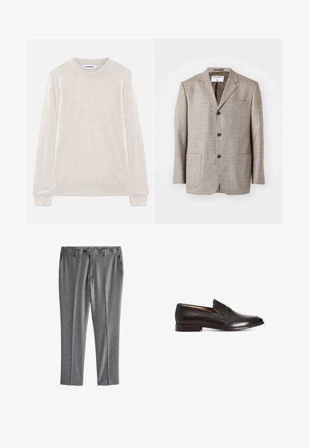 Lys brun blazer med en tekstureret stof, flapskuldre, frontknapper og to forlommer. Mærket lyder "Filippa K."; Lys beige langærmet crewneck sweater med ribbede manchetter og kant, subtilt logo på venstre bryst og J.Lindeberg-label indeni kraven.; Grå formelle bukser med bæltestropper, frontknaplukning og sidelommer, vist fladt på hvid baggrund.; Sort læder penny loafer med lav hæl, rundet tå og klassisk remdetalje over vristen.