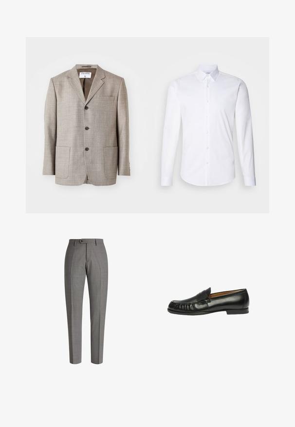 Blazer marron clair en tissu texturé, avec des revers découpés, des boutons à l'avant et deux poches avant. L'étiquette indique "Filippa K."; Chemise blanche à manches longues avec boutons, fabriquée en coton lisse, dotée d'un col classique, d'une fermeture à boutons et d'un ourlet arrondi.; Pantalons gris ajustés avec une finition texturée, coupe slim, pli avant et fermeture à un bouton à la taille.; Scarosso FRED - Chaussons - black calf