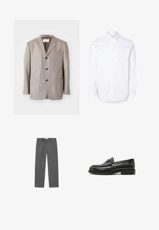 Blazer marron clair en tissu texturé, avec des revers découpés, des boutons à l'avant et deux poches avant. L'étiquette indique "Filippa K."; Chemise blanche à manches longues avec col classique et poignets boutonnés.; Pantalons en mélange de laine gris avec une coupe droite, dotés d'une fermeture à bouton et d'un pli soigné sur le devant. Texture lisse.; Mocassin en cuir noir avec une pièce en cuir texturé noir, bout rond et petit talon carré ; présente un détail métallique décoratif.