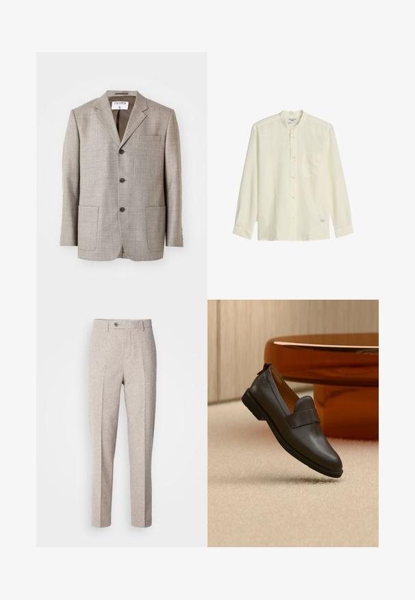 Lichtbruine blazer met een gestructureerde stof, met gekartelde revers, voorknopjes en twee voorkruiszakken. Label zegt "Filippa K."; Crèmekleurig hemd met lange mouwen, knopen, een bandkraag en borstzak, plat liggend op een witte achtergrond.; Lichtbeige wollen broek met een zachte textuur, rechte snit, voorplooien en een enkele knoopsluiting bij de tailleband.; Donkerbruine leren loafer met een lage hak zwevend boven een beige tapijt, naast een glanzende, afgeronde, amberkleurige tafel.