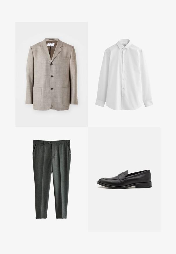 Lys brun blazer med en tekstureret stof, flapskuldre, frontknapper og to forlommer. Mærket lyder "Filippa K."; Next EASY CARE SLIM FIT SINGLE CUFF - Skjorter - white; Grå skræddersyede bukser med et subtilt ternet mønster, frontfald, sidelommer og en enkelt knaplukning i taljen.; Sort læderloafer med en glat finish, en dekorativ rem over vristen, rund tå og en lav stablet hæl.