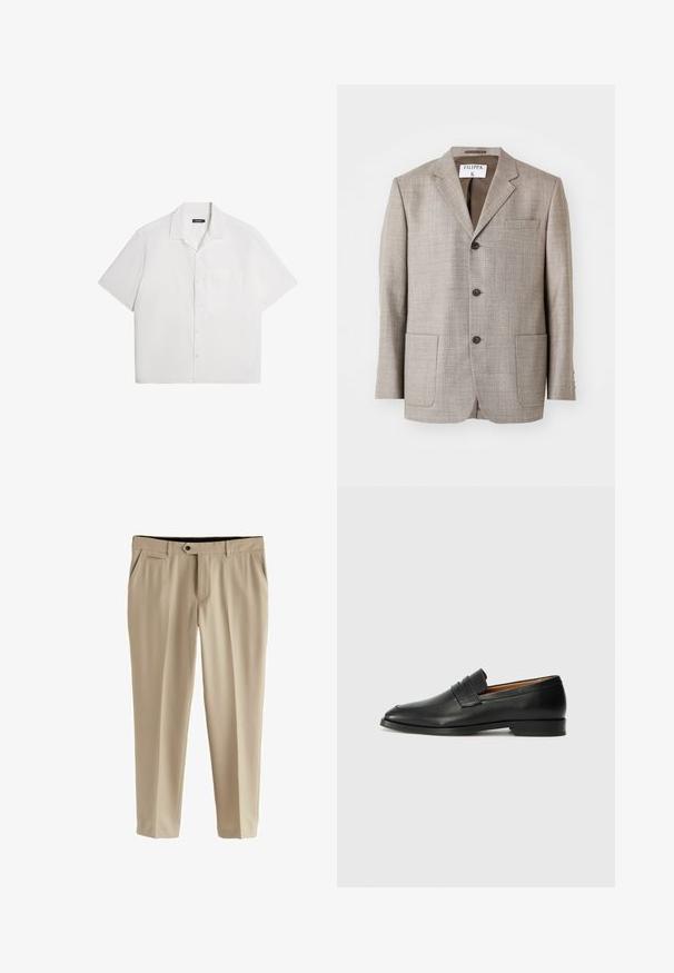 Lys brun blazer med en tekstureret stof, flapskuldre, frontknapper og to forlommer. Mærket lyder "Filippa K."; Kortærmet hvid skjorte, blød tekstur, knapfront, spredt krave, enkelt brystlomme, afslappet boksdesign. Ensfarvet uden mønstre.; Beige bukser lavet af glat stof. Har en flad front, to sidelommer og en knaplukning med lynlås.; Sort læder loafer med rund tå, diskret syning, og lav hæl, der har en glat tekstur og minimalistisk design.