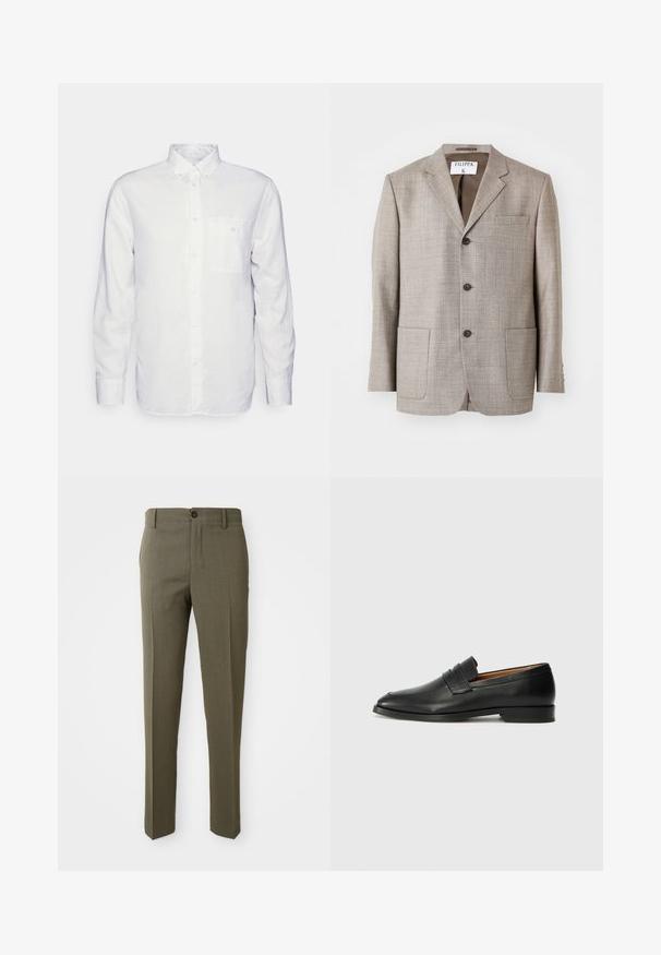 Blazer marron clair en tissu texturé, avec des revers découpés, des boutons à l'avant et deux poches avant. L'étiquette indique "Filippa K."; Chemise blanche à manches longues en coton, avec un col à rabat, une poche avant et une coupe régulière. Tissu texturé avec une surface lisse.; Pantalons ajustés vert olive avec une texture lisse, coupe droite, bouton avant unique et poches latérales pour la fonctionnalité.; Mocassin en cuir noir avec un bout arrondi, des coutures subtiles et un talon bas, présentant une texture lisse et un design minimaliste.