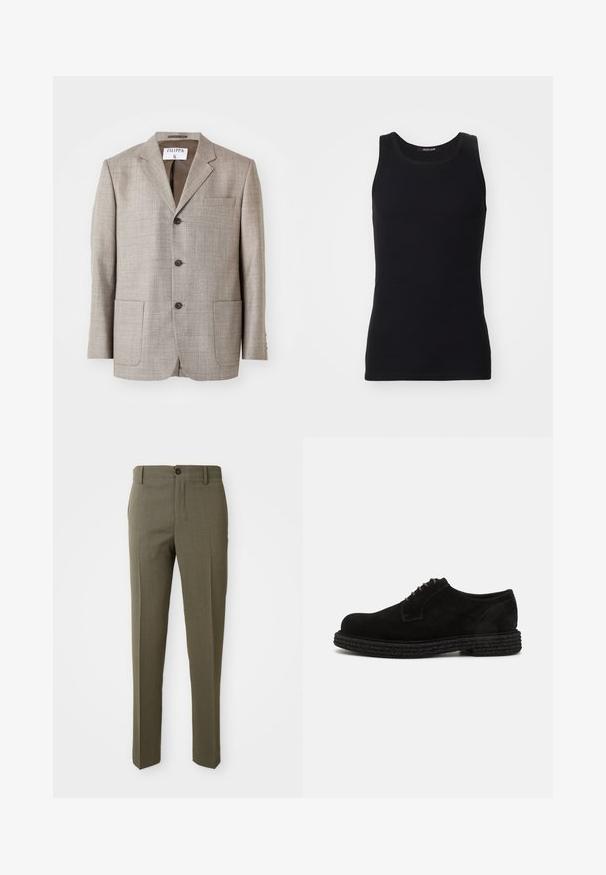 Blazer marron clair en tissu texturé, avec des revers découpés, des boutons à l'avant et deux poches avant. L'étiquette indique "Filippa K."; Débardeur noir en matériau lisse et extensible. Doté d'un col rond et sans manches, avec une coupe ajustée et un design simple.; Pantalons ajustés vert olive avec une texture lisse, coupe droite, bouton avant unique et poches latérales pour la fonctionnalité.; The Antipode DERBY - Derbies - black