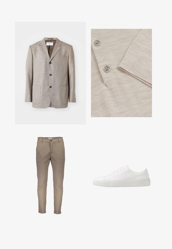 Blazer de color marrón claro con una tela texturizada, solapas muesca, botones frontales y dos bolsillos frontales. La etiqueta dice "Filippa K."; Cardigan beige claro con una textura de punto fino. Presenta tres botones metálicos y puños acanalados para un acabado estructurado.; Pantalones de mezcla de algodón beige con un ajuste entallado, que cuentan con cierre de botón, trabillas para cinturón y puños doblados. Textura suave con costuras limpias.; Zapatilla blanca de cuero con un acabado suave, puntera redonda y seis ojales para los cordones. Cuenta con una suela de goma texturizada y un diseño minimalista.