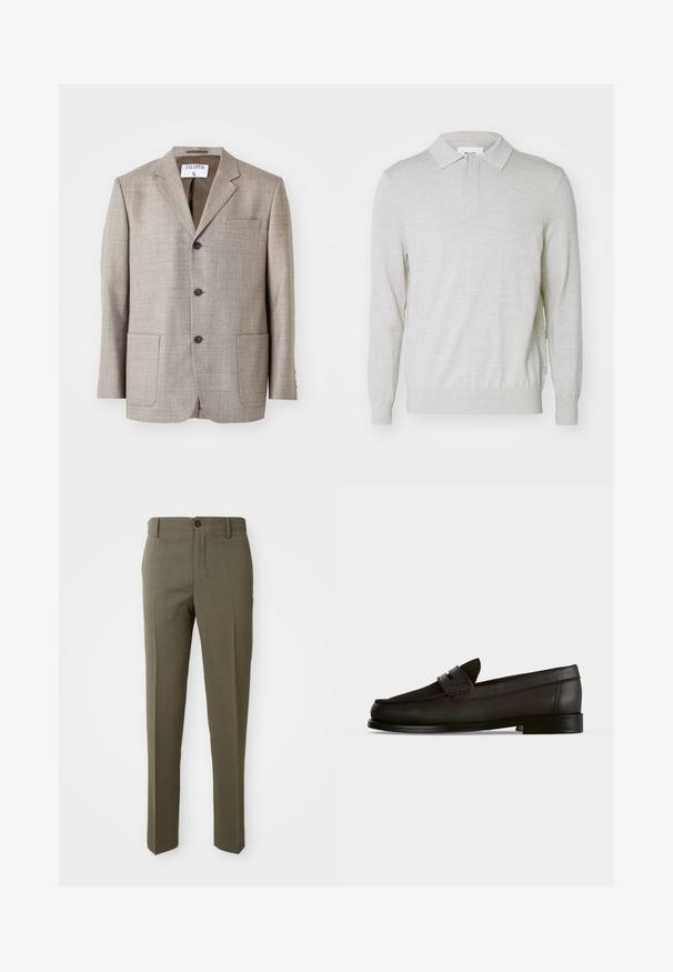 Blazer marron clair en tissu texturé, avec des revers découpés, des boutons à l'avant et deux poches avant. L'étiquette indique "Filippa K."; NN.07 EMERSON - Polo - white pepper; Pantalons ajustés vert olive avec une texture lisse, coupe droite, bouton avant unique et poches latérales pour la fonctionnalité.; Mocassin penny en cuir noir avec petit talon, bout arrondi et détail de bride sur l’avant, vu de profil sur fond uni.