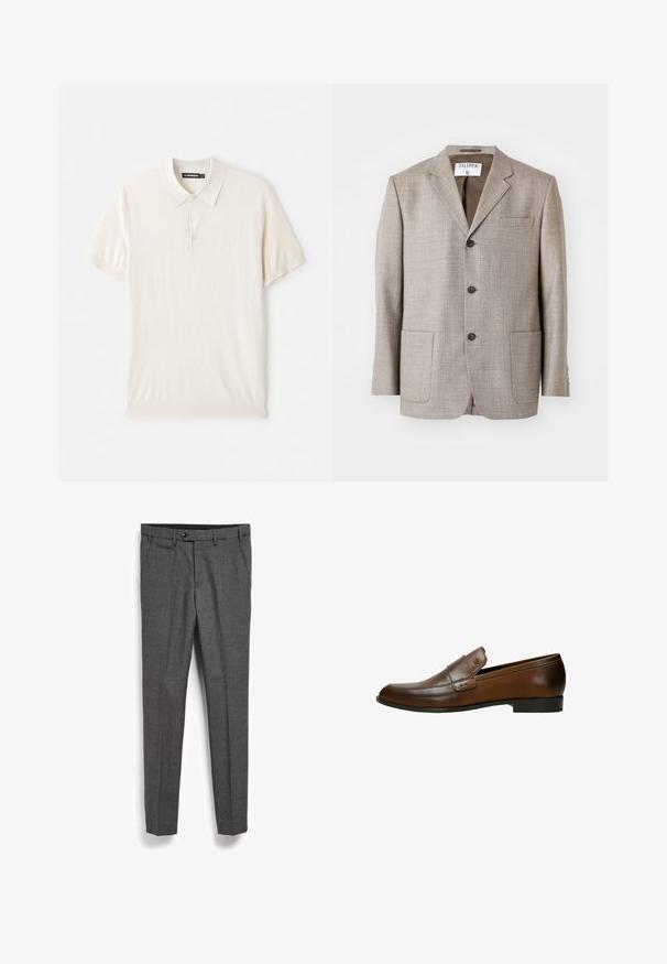 Lys brun blazer med en tekstureret stof, flapskuldre, frontknapper og to forlommer. Mærket lyder "Filippa K."; Lys beige polo skjorte med klassisk krave, tre-knaps lukning og korte ærmer. Lavet af blødt, glat stof. Enkel design uden mønstre.; Grå skræddersyede bukser med et struktureret stof, frontlomme og lige ben design. Har en knaplukning i taljen.; Brun læder herreslipper med lav hæl, rundet tå og dekorativ rem tværs over toppen, vist fra siden.