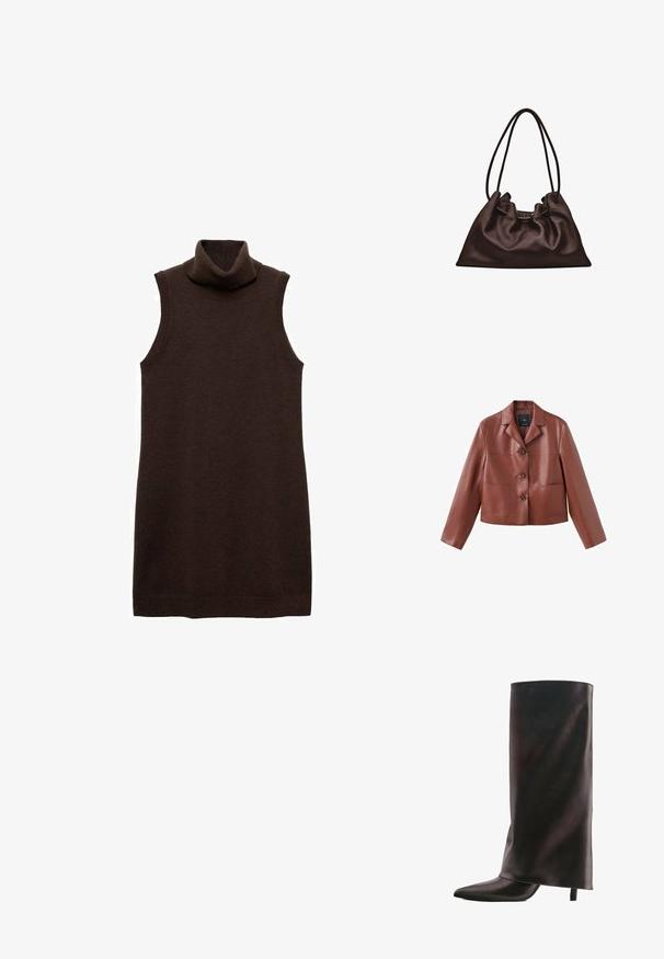 Bruin leren cropped jasje met een kraag, drie knopen, twee voorzakken en lange mouwen. Het materiaal heeft een gladde, glanzende afwerking.; Bruine mouwloze coltrui jurk gemaakt van zacht materiaal, met een hoge kraag en een getailleerde pasvorm, en ribgebreide randen bij de hals en de zoom.; Hoge zwarte leren laars met een puntige neus en een smalle middenhoge hak op een witte achtergrond.; Zachte donkerbruine leren handtas met een slungelige vorm en twee dunne schouderbandjes tegen een witte achtergrond.