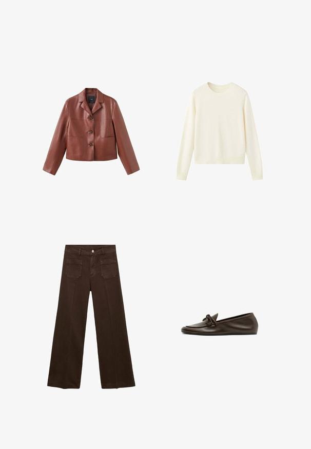 Bruin leren cropped jasje met een kraag, drie knopen, twee voorzakken en lange mouwen. Het materiaal heeft een gladde, glanzende afwerking.; Crème kleurige longsleeve trui met ronde hals en geribbelde boorden en zoom, afgebeeld op een witte achtergrond.; Bruine wijde jeans van denim, met een hoge taille, twee achterzakken en een voor knoopsluiting. Gladde textuur, rechte pasvorm.; Donkerbruine leren platte loafer met een afgeronde neus en decoratieve strik op het bovenwerk, zijaanzicht op witte achtergrond.