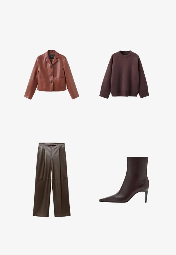 Brun læder cropped jakke med krave, tre knapper, to frontlommer og lange ærmer. Materialet har en glat, blank overflade.; Løs pasform sweater i mørk bordeaux, lavet af blødt strikket stof. Har en ribstrikket rund hals, vide ærmer og en ribstrikket kant.; Brune læder brede bukser med en glat tekstur, der har folder foran og et klassisk taljebånddesign.; Brun læder ankelstøvle med spids tå, slank skafter og en tynd, høj hæl. Glat tekstur, minimalistisk design, ingen synlig hardware.