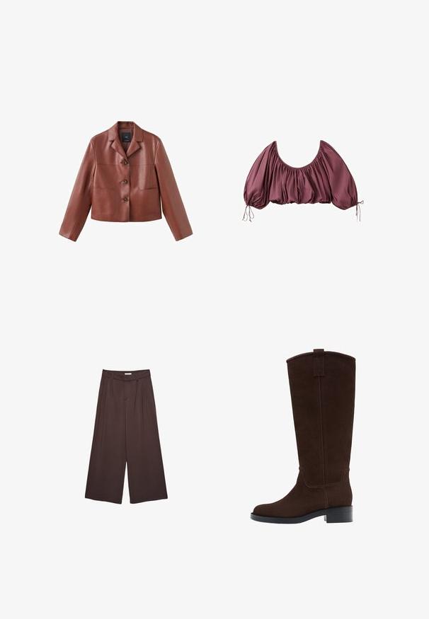 Veste en cuir marron coupée avec un col, trois boutons, deux poches avant et des manches longues. Le matériau a une finition lisse et brillante.; Blouse courte épaules dénudées en mauve foncé, avec tissu froncé et manches bouffantes élastiquées, nouées aux poignets.; Pantalons larges marron en tissu doux, dotés de plis à la taille et de poches latérales. Silhouette ajustée avec un ajustement confortable.; Botte haute en daim marron foncé avec un petit talon empilé et un bout arrondi, équipée d'une lanière au sommet de la tige.