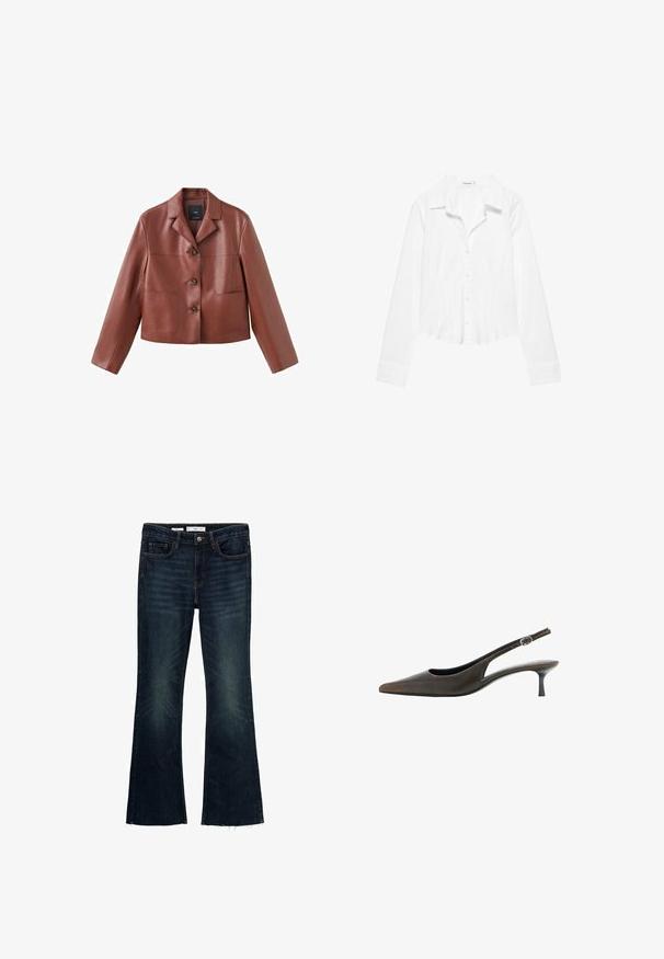 Bruin leren cropped jasje met een kraag, drie knopen, twee voorzakken en lange mouwen. Het materiaal heeft een gladde, glanzende afwerking.; Wit overhemd met lange mouwen, kraag, licht getailleerde taille en met knopen gesloten manchetten, getoond op een witte achtergrond.; Uitgebreide donkerblauwe spijkerbroek met vervaagde accenten, vijf zakken en een ruwe zoom. Gemaakt van katoen met een knoopsluiting en riemlussen.; Zwarte leren slingback met puntige neus, lage kittenhak en een klein verstelbaar gespsluiting.