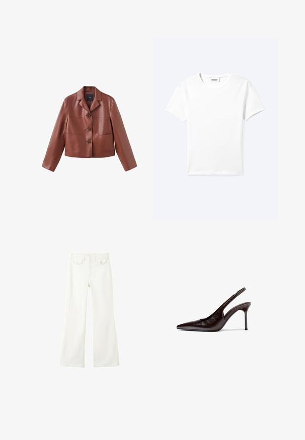 Veste en cuir marron coupée avec un col, trois boutons, deux poches avant et des manches longues. Le matériau a une finition lisse et brillante.; T-shirt blanc uni à manches courtes et col rond avec une petite étiquette "WEEKDAY" à l'intérieur de l'encolure, présenté à plat sur un fond clair.; Pantalon blanc taille haute avec jambes évasées, bouton et fermeture éclair à l'avant, et deux poches à rabat avec boutons à la taille devant.; Chaussure à talon haut pour femmes en cuir marron foncé, avec bride arrière, bout pointu et talon aigu slim, sur fond blanc.