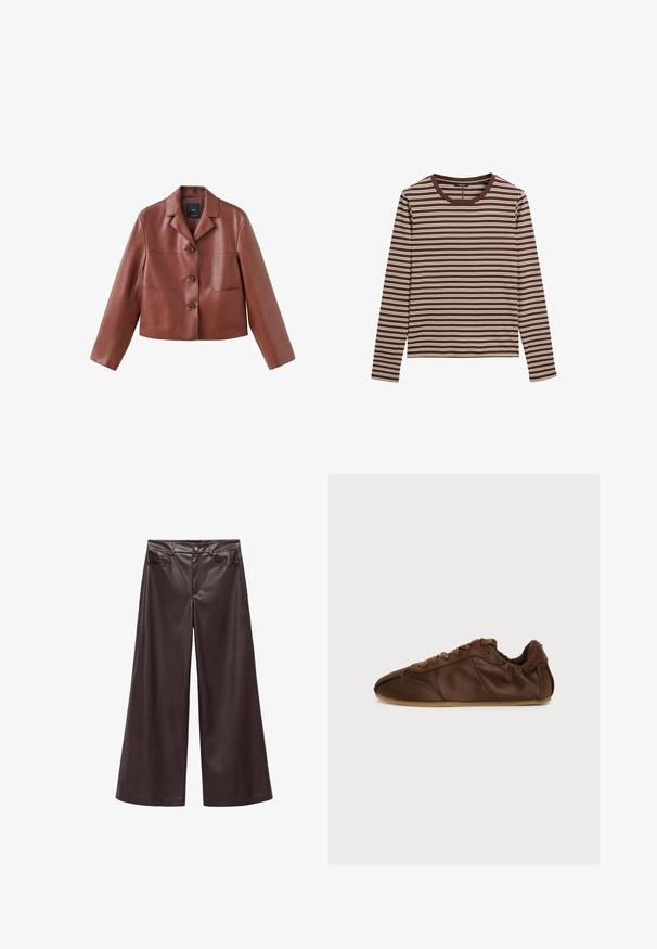Brun læder cropped jakke med krave, tre knapper, to frontlommer og lange ærmer. Materialet har en glat, blank overflade.; Brun langærmet skjorte med hvide horisontale striber og rund halsudskæring, lagt fladt på en hvid baggrund.; Brune faux læder wide-leg bukser med høj talje, der har forlommer og klassisk knaplukning. Glat tekstur og mat finish.; Brun læder lavtop sneakers med snørelukning foran og fleksibel sål, vist fra siden på en ensartet lys baggrund.