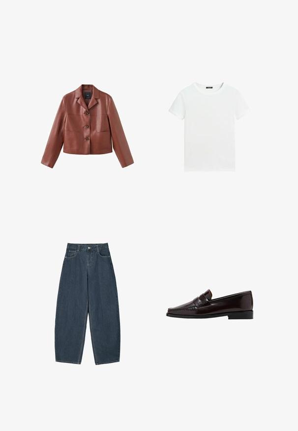 Brun læder cropped jakke med krave, tre knapper, to frontlommer og lange ærmer. Materialet har en glat, blank overflade.; Almindelig hvid T-shirt med korte ærmer, rund halsudskæring og lille sort label inden i kraven.; Mørkeblå denim buede bukser med høj talje, som har fem lommer og synlige stingdetaljer. Ren, minimalistik design.; Brun læder loafersko med en mokkasinstil foran, hævet syning langs vampskæringen og en lav sort gummisål. Glat, poleret finish.