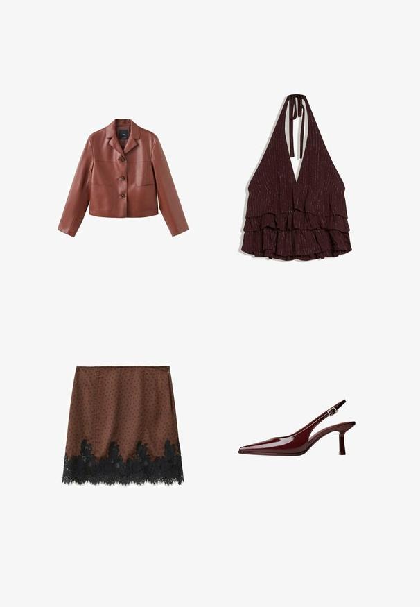 Bruin leren cropped jasje met een kraag, drie knopen, twee voorzakken en lange mouwen. Het materiaal heeft een gladde, glanzende afwerking.; Diep bordeaux haltertop met gelaagde ruches en subtiele verticale metalen strepen, gestrikt aan de nek.; Bruine minirok met zwarte polkadots en zwarte kanten zoom aan de onderkant, voorzien van een ritssluiting aan de achterkant.; Bordeaux patenten leren slingback pump met spitse neus, mid-height kittenhak en zilveren gesp op witte achtergrond.