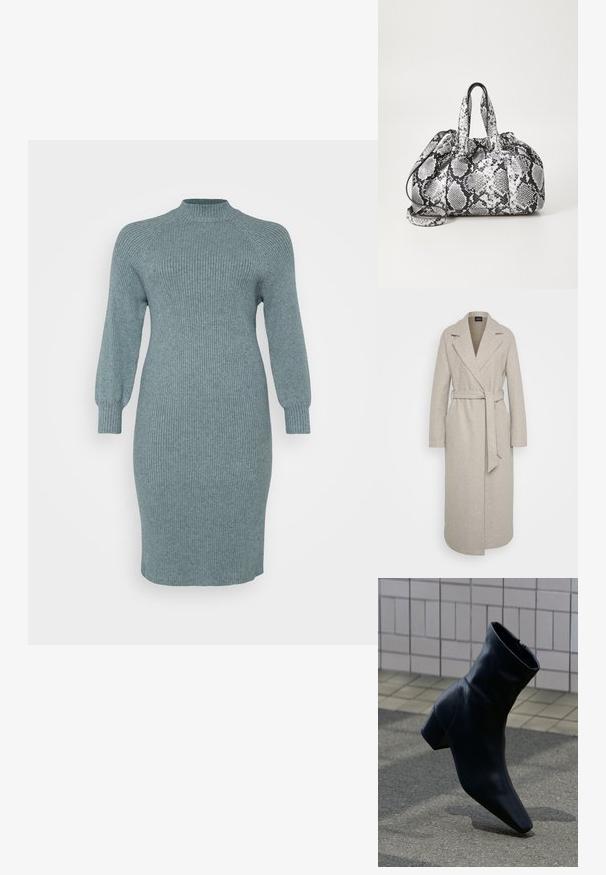 Lang beige uldfrakke med brede lapels, bælte i taljen og sidelommer, præsenteret mod en lys ensfarvet baggrund.; Ribbet teal strikkjole med lange puffærmer og høj halsudskæring, tætsiddende pasform, knælang, tekstureret overflade, ingen synlige mønstre eller hardware.; Sort læderankelstøvle med blokhæle, stående på en tekstureret asfaltflade nær en fliser væg.; Håndtaske med sort og hvid slidmønster, to håndtag, snøre lukning og aftagelig skulderrem. Glat tekstur.