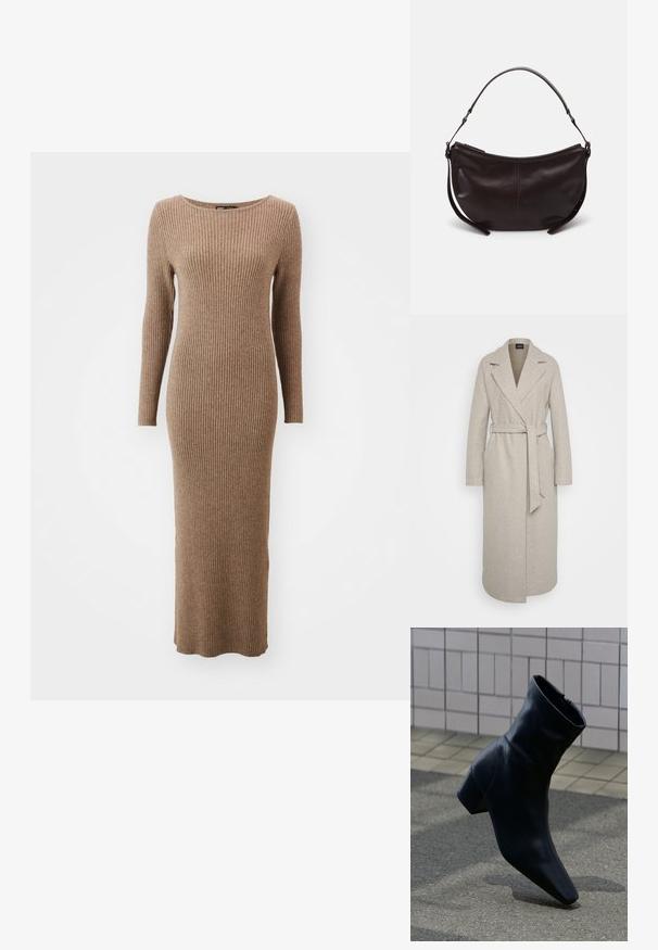 Lang beige uldfrakke med brede lapels, bælte i taljen og sidelommer, præsenteret mod en lys ensfarvet baggrund.; Langærmet ribbet kjole i en varm brun farve med rund halsudskæring og en tætsiddende pasform, der strækker sig til anklerne.; Sort læderankelstøvle med blokhæle, stående på en tekstureret asfaltflade nær en fliser væg.; Mørkebrun læder skuldertaske med en buet form, glat tekstur og en enkelt justerbar rem. Har lynlåslukning.