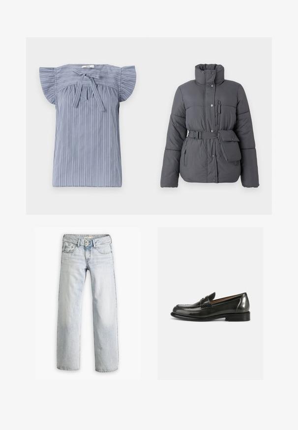 Grijze pufferjack met hoge kraag, ceintuur in de taille, zijzakken en een klein zakje. Kenmerkt zich door een zachte textuur en knoopsluiting.; Lichtblauw gestreepte blouse met kapmouwen, voorzien van een strik bij de halslijn, gemaakt van een textuurstof en met een relaxte pasvorm.; Lichtblauwe denim jeans met een ontspannen pasvorm, hoge taille en vijf-pocket ontwerp. Bevat stikaccenten en een knopenfly-sluiting.; Zwarte lakleren loafers met een gestructureerd ontwerp, ronde neus en gestikte details op de bovenkant, met een lage gestapelde hak.