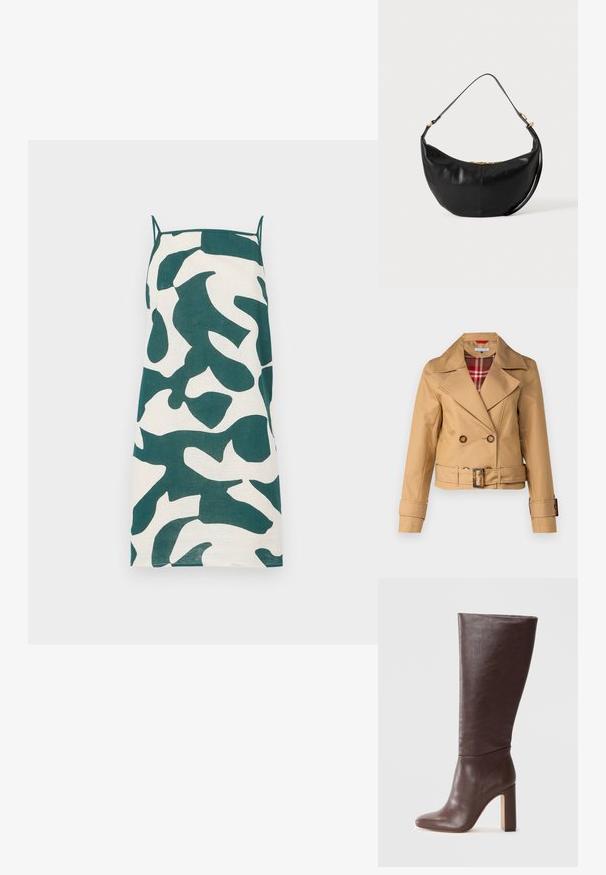 Veste double boutonnage beige avec de larges revers, taille ceinturée, accents de boutons et doublure en tartan visible au col. Texture de tissu lisse.; Robe à bretelles spaghetti en crème avec un motif camouflage abstrait vert. Présente une coupe droite et un tissu léger.; Botte en cuir marron jusqu'au genou avec un bout pointu et un talon carré épais. Texture lisse avec un design sans couture, sans quincaillerie ni accents visibles.; Sac à main en cuir noir en forme de croissant avec une bandoulière simple et un détail de fermeture éclair dorée sur fond uni.