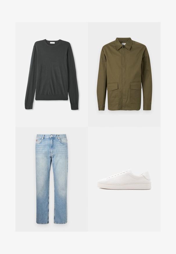 Oliivinvihreä pitkähiha jacket, jossa on terävä kaulus, edessä napillinen suljentaja ja kaksi suurta läppätaskua alaosassa.; Tummaa harmaa pitkähihaineule, jossa on pyöreä kaula-aukko, istuvat hihat ja ribbaushelma. Tasainen pinta ilman näkyviä kuvioita tai koristeita.; Vaaleansinisen suorat farkut, joissa etuosassa nappi- ja vetoketjukiinnitys, vyölenkit ja viiden taskun malli.; Valkoinen nahkainen lenkkari, jossa on sileä viimeistely, pyöreä kärki, kuuden reiän nauhoitus ja kuvioitu kumipohja. Minimalistinen muotoilu ilman kuvioita.