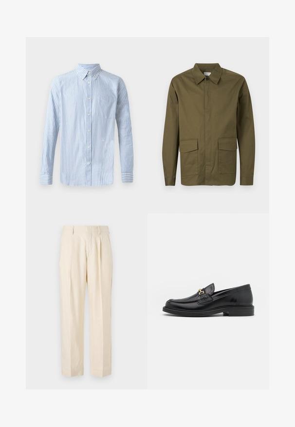Veste longue à manches longues de couleur vert olive avec un col pointu, une fermeture avant à boutons et deux grandes poches à rabat près du bas.; Chemise bleu clair à boutons, avec des rayures verticales blanches, manches longues et une poche poitrine. Présente un petit logo sur la partie inférieure.; NN.07 KAY - Pantalon classique - off white; Mocassins en cuir noir avec un embout rond, présentant des accents en métal doré et des détails de couture, montés sur une semelle en caoutchouc texturé et basse.