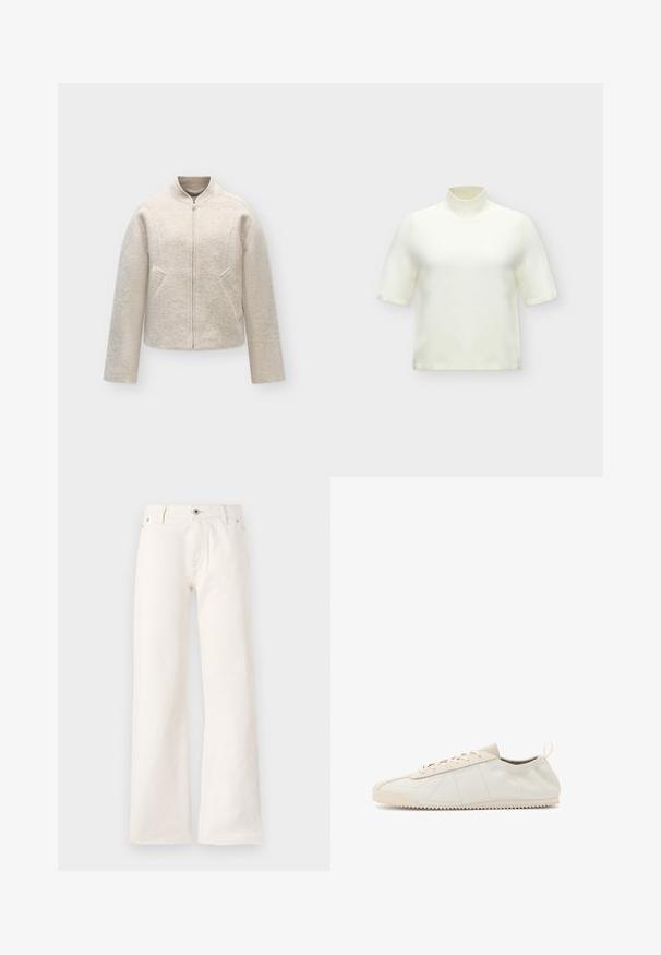 Chaqueta de lana beige claro con cremallera, cuello de pie, mangas largas y dos bolsillos frontales en ángulo, mostrada sobre un fondo liso.; Jersey de punto blanco de manga corta con cuello alto acanalado y puños acanalados en las mangas y el dobladillo sobre fondo liso.; Jeans blancos de pierna ancha fabricados en denim, con cierre frontal de botón, cinco bolsillos y una textura suave sin patrones visibles.; Zapatillas de cuero crema con puntera redondeada, diseño de cordones, acentos texturizados y suela de goma texturizada con patrón de tracción en zigzag.