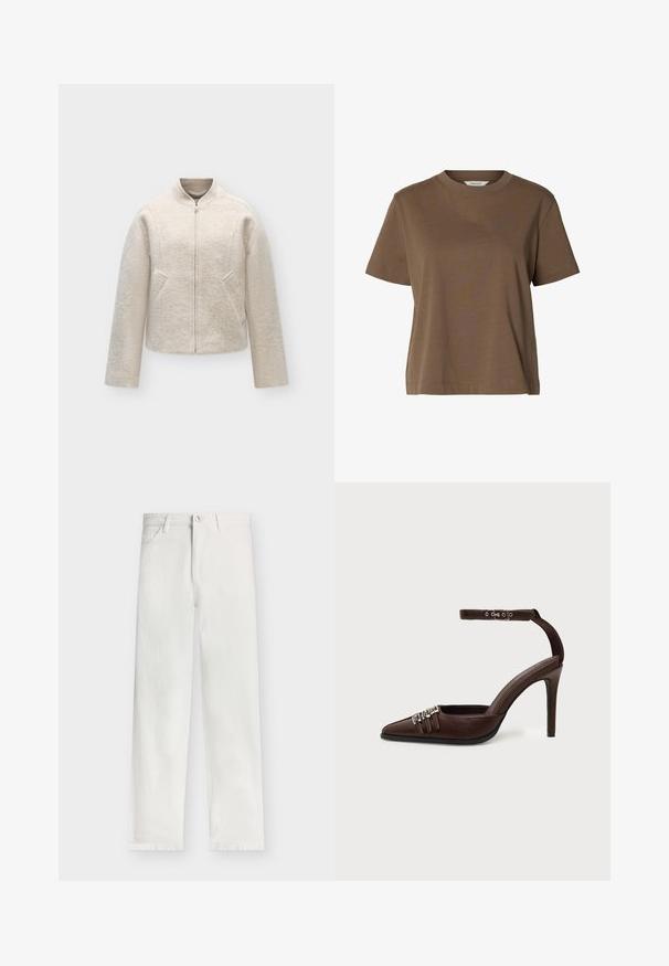Veste en laine beige clair avec fermeture éclair, col montant, manches longues et deux poches avant inclinées, présentée sur un fond uni.; T-shirt marron à manches courtes et col rond, en tissu uni, coupe décontractée avec peu de coutures.; Modström PRINCESSMD - Wide Leg - vanilla cream; Chaussure à talon haut en cuir marron avec bout pointu, trois petites boucles argentées sur le devant et bride de cheville réglable avec boucle.