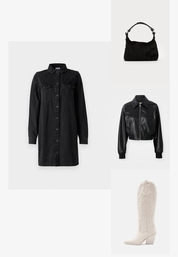 Schwarze, taillierte Lederjacke mit spitzem Kragen, Reißverschluss und elastischen, schwarzen Bündchen sowie Saum. Verfügt über seitliche Taschen.; Schwarzes Denim-Hemdkleid mit Knopfverschluss, Kragen, langen Ärmeln und zwei Brusttaschen. Verfügt über ein schlichtes Design und strapazierfähiges Material.; Weiße Leder-Cowboystiefel mit spitzer Zehe und blockiertem Absatz. Sie verfügen über aufwendige Steppmuster am Schaft und eine glatte Textur.; Schwarze Kunstfell-Handtasche mit weicher Textur, runder Form und einem stabilen schwarzen Leder-Schulterriemen. Sichtbare silberne Hardware-Akzente.